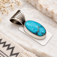 Sharon McCarthy Navajo Kingman Turquoise Sterling Silver Oval Pendant NWT picture