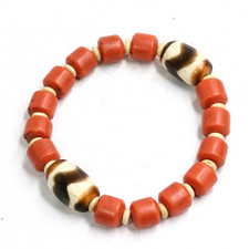 19th Antique Himalayan Tibetan Coral Red Sherpa &Tiger-Tooth Glass Bead Bracelet picture