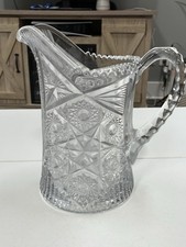 Imperial NUCUT Glass Water Pitcher Antique EAPG Hobstar Sawtooth Rim 9” Heavy picture