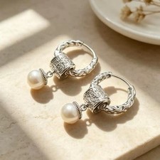 Silver Vintage Pearl Huggie Hoop Earrings Boho Textured Dangle Hoop Earrings A37 picture