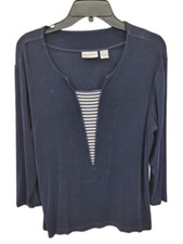 Chicos Travelers Top Womens XL 3 Blue Stripe Insert Slinky Knit Nautical Coastal picture