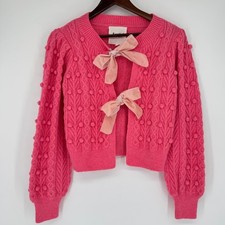 &merci Pink Velvet Bow Cable Knit Bobble Cardigan Sweater S Coquette Balletcore picture