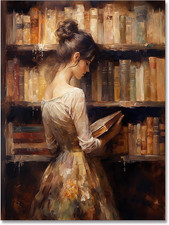 Vintage Portrait Oil Painting Wall Art Retro Library Girl Reading Old Book Poste picture