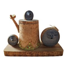 VTG Hand Carved Wood HEDGEHOG Family Tree Stump Secret Hiding Box Made In USSR picture