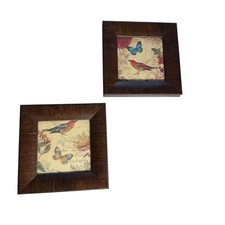 Set of 2 Vintage Style Bird & Butterfly Wall Art 9x9 Wood Frames Cottagecore picture