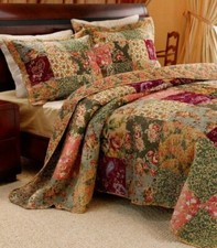 NEW ~ COZY ELEGANT SHABBY CHIC BURGUNDY GREEN PINK ROSE RED  YELLOW QUILT SET picture