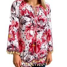 Soft Surroundings Floral Boho Pom Pom Tunic Top picture