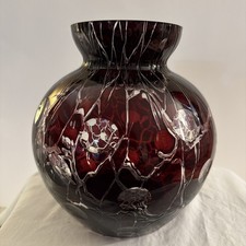 Dark Red Art Glass Vase Clear Abstract Splatter/Web Pattern Glossy 8 in picture