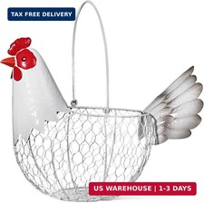 Farmhouse Rustic White Chicken Wire Metal Egg Basket With Handle,Vintage Rooster picture