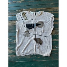 Vintage Margules Beige Knit Sweater Vest Animal Print Patchwork Ramie Cotton S picture