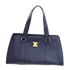 CELINE Logo Shoulder Hand Bag Grained Leather Navy Blue GHW Italy 65KD114 picture