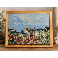 Vintage 1971 Hand Stitched Needlepoint Garden Scene Cottagecore Wall Decor picture