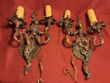 Antique Vintage Chinoiserie Bronze Figural Wall Sconces Pair French Style  picture