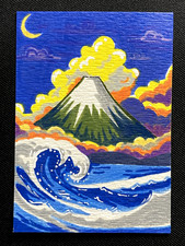 ACEO Original, Abstract Volcano View Waves & Clouds Art Painting, by Annibbie picture