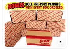 SEALED $25 BANK BOX 2,500 LINCOLN PENNIES – 50 ROLLS – UNSEARCHED – COPPER & picture