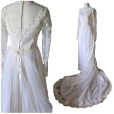 Vtg 60s 70s Alfred Angelo Flower Detail Lace Wedding Gown, 4/S, Romantic, Pearl picture
