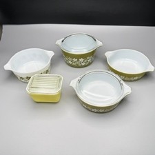 VTG Pyrex Spring Blossom 470 Green 4 Bowls 2 Lids & Small Dish Crazy Daisy READ picture