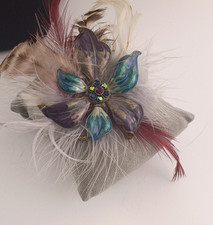 Vintage 1940s Teal & Purple Enameled Feathered Flower Crystal Brooch picture