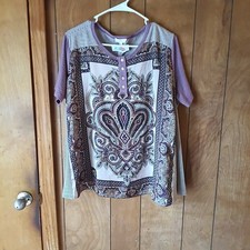 ODDY Women’s Boho Paisley Print Tunic Top Size M Purple Short Sleeve NWT picture