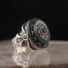 💫 925K Sterling Silver Ring with Green Agate | Intricate Vintage Design picture