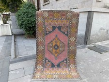 Pink Oushak Rug 3.1x5.3 ft Charcoal Vintage Turkish Wool Geometric Carpet picture