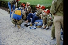 c1970's Ektachrome 35mm Slide, Boy Scouts Group Resting Cobblestone Path blue picture