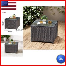 Ovios Outdoor Side Table Tempered Glass Top, Patio Wicker Coffee Table, Rattan picture