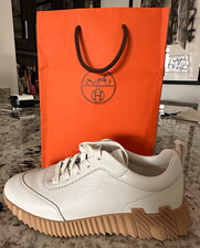 Hermès Women’s White Leather Bouncing Lace-Up Sneakers w/ Tan Rubber Sole picture