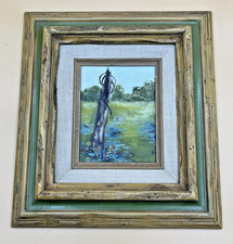 Original Oil Painting Wildflower Field Landscape Signed BJ Framed Small Art 8x9 picture
