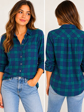 J.CREW Blue Green Plaid Flannel Cotton Collared Boy Fit Button-Up Shirt XS picture