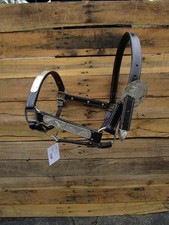 BLACK LEATHER HORSE HALTER 1 IN DOUBLE STITCHED ROLLED THROAT WESTERN SILVER picture