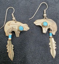 Nel J Nathaniel Johnson Navajo Sterling Silver Turquoise Bear Feather Earrings picture