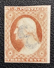 US Stamp, Scott #11A Plated, #3 Blue Cancel, 1853 3c Wash, Dull Red, TYP II/Used picture
