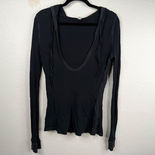 Y2K 90's Grunge Thermal Waffle Deep V Hoodie Top Gray Sz M picture