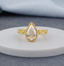2.05CT Step Cut Pear Lab Grown Diamond Vintage Ring,Engraved Band, IGI Certified picture