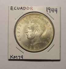 1944 Ecuador Cinco 5 Sucres .720 / .5787 Silver 25 Grams M Mexico Mint KM#79 picture