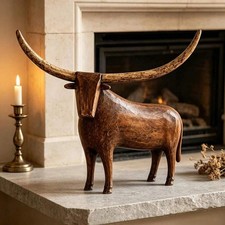 Vintage Longhorn Bull Sculpture Rustic Farmhouse Animal Figurine Home Decor picture