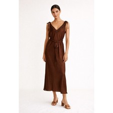 Skies are Blue Satin Lace Trim Tie Shoulder Midi Dress Brown Size Medium NWT picture
