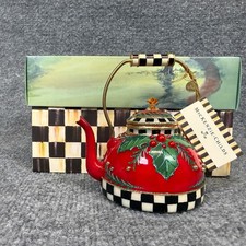 MacKenzie Childs Holiday Tea Kettle Red Flower Check Gold Christmas Decorative picture