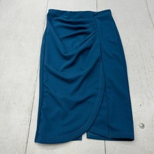 Shein Dark Blue Elastic Waist Ruched Side Slit Knee Length Skirt Women's Size M picture