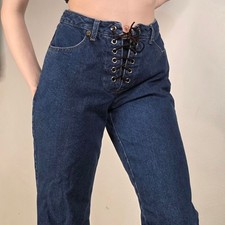 VINT 90s Lace Up Jeans High Waist Dark Wash Bootcut Moda International Size 8 picture