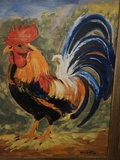 Original Hand-Painted Rooster on Wood Signed Rustic Farmhouse Art Framed picture