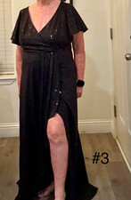 Black Sequin V-Neck Flutter Short Sleeve Long Gown Dress w/ Slit Size L picture