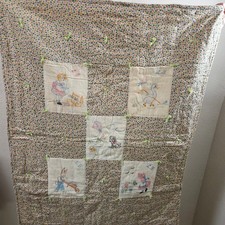 Vintage 1935 Handmade Embroidered Baby Quilt Nursery Animals Floral 43x22 picture