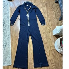 Vintage 70s Marbella Knits Navy Blue Disco Jumpsuit Wide Leg 860I Size 13/14 picture