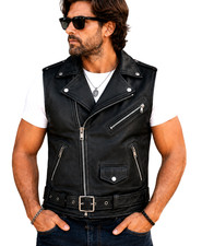 Men’s Motorcycle Biker Genuine Buffalo Leather Jacket Waistcoat Sleeveless picture