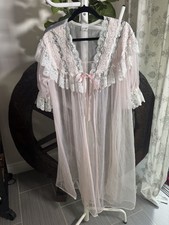Vtg 70s Bernette Pink Sheer Nylon Peignoir Robe Lace Ruffle Ribbon Size XX XL picture