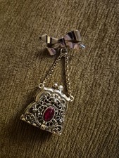 Vintage Victorian Revival Filigree Purse Brooch Double Sided Ruby Red Glass picture