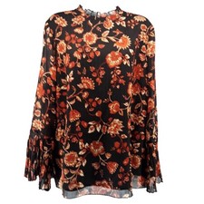 Chicos Black & Brown Floral Pleated Sleeve Blouse Size 2 Large picture