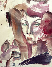 Signed  Abstract Woman Portrait Vertical Paper original watercolor picture